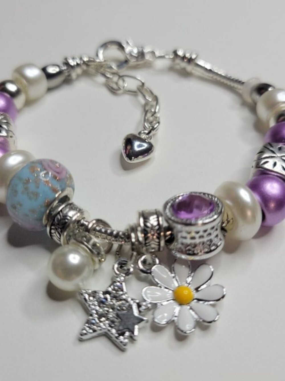 New Pandora Style Charm Bracelet Purple Silver Color White Daisy Stars Hearts - Picture 6 of 7